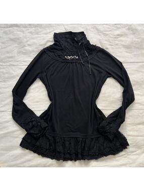 Axes Femme Black Lace High Neck Pearl Ruffle Top Size M Japan